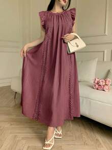 Vestido de verano casual, de uso diario y para vacaciones, con mangas cortas, encaje, calado y corte holgado - Morado - Ver 1