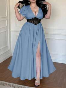 Vibekara Nuevo vestido de verano elegante con parches de encaje negro y cintura ceñida que reduce la edad - Azul - Ver 1