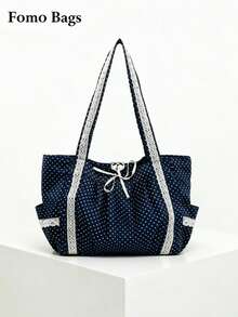 Back To School Black & White Polka Dot Canvas Tote Bag, Large Capacity Contrast Color Shoulder Bag, Suitable For College Students, Versatile Handbag, Underarm Bag - Black - View 1