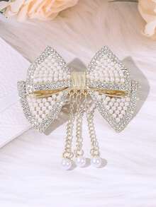 1pc Gold Pearl Hair Bow For Girls Elegant Pearl Tassel Bow Hair Clip Sparkling Rhinestone Bow Alligator Clip Graceful Bow Hair Barrette For Daily Party & Wedding Teens Hair Accessories - Gold - View 1