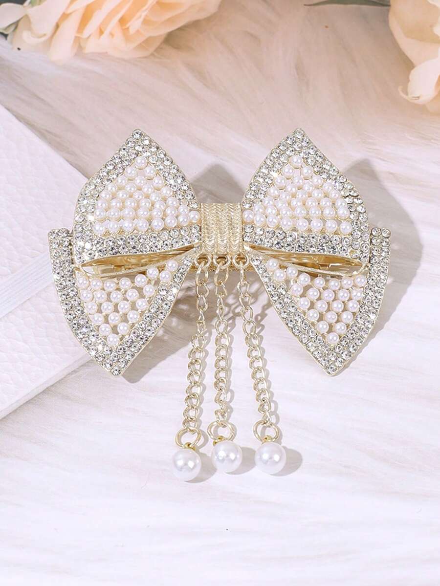 1pc Gold Pearl Hair Bow For Girls Elegant Pearl Tassel Bow Hair Clip Sparkling Rhinestone Bow Alligator Clip Graceful Bow Hair Barrette For Daily Party & Wedding Teens Hair Accessories - Gold - View 1