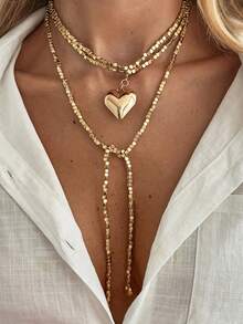 1pc Minimalist Heart Pendant Long Necklace, Sweet Square CCB Bead Choker Necklace Accessory, Suitable For Women's Daily Commute, Dating, Shopping, Party, Best Valentine's Day Gift (CCB Resin Non-Metal Material, Purchase With Caution) - Yellow Gold - View 7
