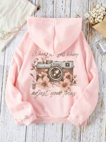 Sudadera con estampado de cámara floral, sudadera casual de otoño/invierno para mujer de talla grande, sudadera rosa para vacaciones - Rosa - Ver 4