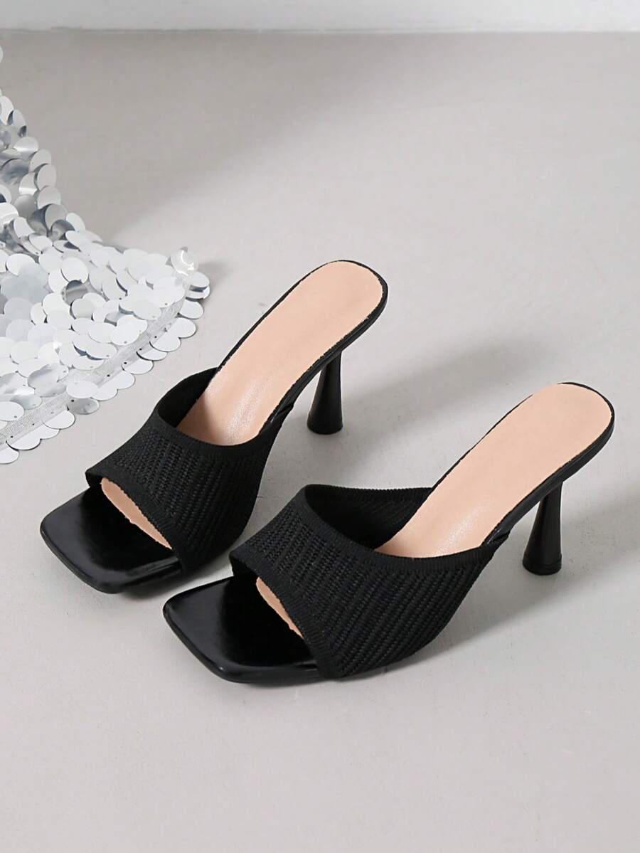 Women's High Heel Sandals, Solid Color Fabric Wide Strap Slip-On Square Toe Stiletto Heel Sandals, Casual Fashion Comfortable Versatile Shoes For Street, Date, Commute, Party