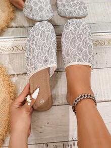 Dép lê nữ mùa hè thoáng khí dệt mũi tròn đế bệt, sandal đi biển thường ngày nhẹ nhàng, thanh lịch & thoải mái, phù hợp mặc trong nhà & ngoài trời - Bạc - Xem 7
