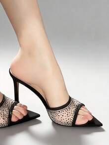 2026 New Open Toe Pointed Toe Mesh Rhinestone Strap Sandals, Elegant Thin High Heel Slip-On Slippers For Women Summer - Black - View 9