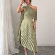 Vestido plisado sin mangas con cuello de bufanda elegante y fluido, brillante, para primavera/verano - Café integral - Ver 6