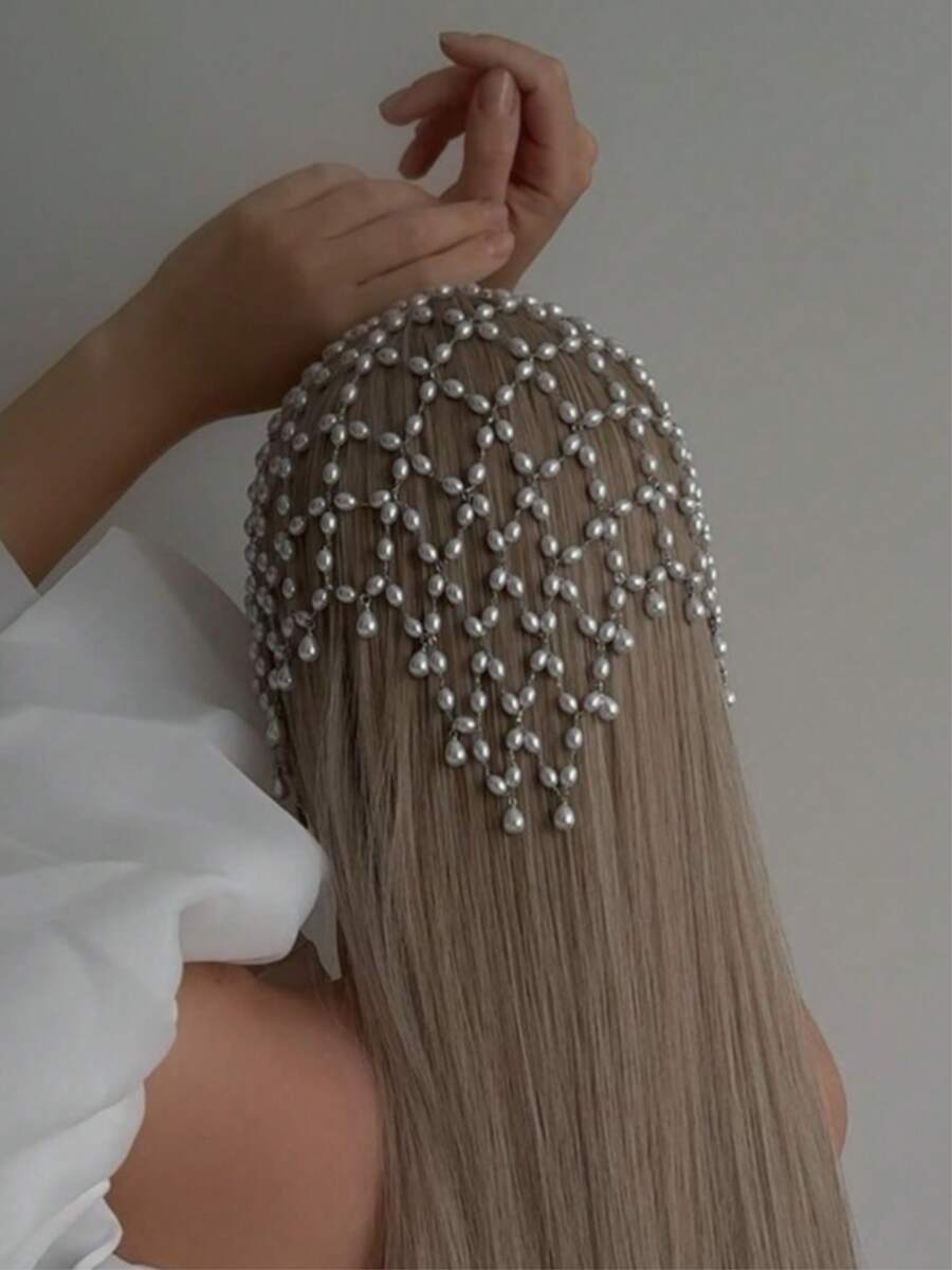 1pc Elegant Shiny Pearl Headchain, Fashion Jewelry Accessory For Women, Suitable For Bride, Wedding, Party Dress - Silver - View 1