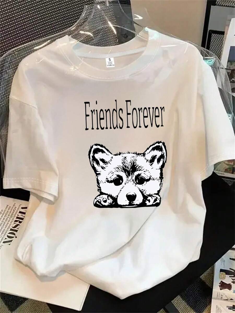Top de mujer de manga corta y cuello redondo con estampado de zorro en blanco y negro, con un diseño de "amigas para siempre" apto para todas las estaciones. - Blanco - View 1