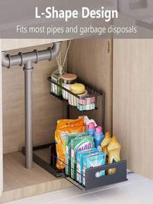 2-Tier Pull-Out Under Sink Organizer Rack - Heavy Duty Plastic, Waterproof, Rust-Proof, Space-Saving Design For Kitchen, Bathroom, Pantry, Fridge, Laundry Room - Easy Installation, White And Black - White - View 4