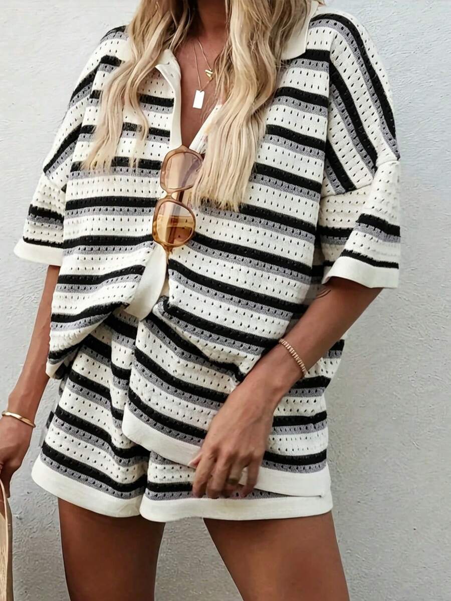 Women's Casual Striped Knit 2 Pieces Set, Lapel Button-Up Top And Shorts, Loose Summer Outfit - Black - View 1