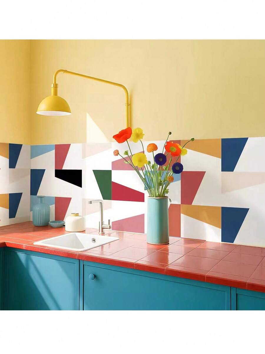 10 Stücke - 20*20 cm Vinyl Boden- und Wandfliesen Aufkleber, Memphis Stil Selbstklebende Fliesen Aufkleber, bunte geometrische Spritzschutz, wasserdichte Vinyl Wandaufkleber für Küche und Badezimmer, leicht entfernbar für Mieter - A - Übersicht 1