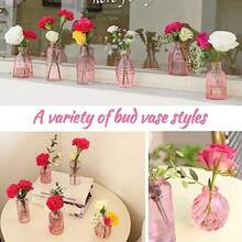 Jarrón do, jarrones de brote, juego de 12, pequeños jarrones de vidrio para flores, moderno jarrón de vidrio acanalado para decoración, florero de boda, decoración clásico a granel, centros - Rosa - Ver 7