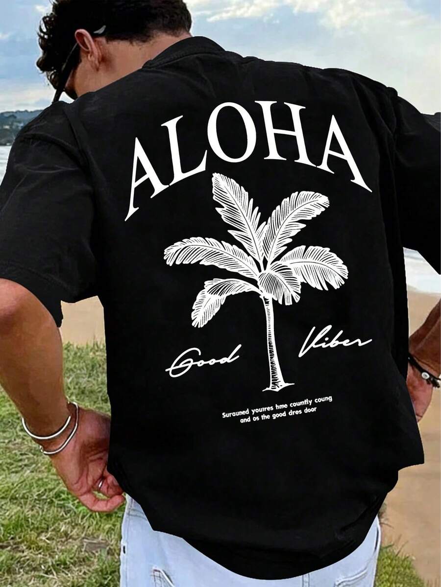 Vintage Herren Hawaii Palmen Print T-Shirt, 100 % Baumwolle Locker Kurzarm Top - Schwarz - Übersicht 1