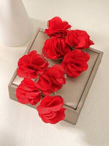 1 Pair Fashionable Charming Casual Vacation Style Floral Flower Stud Earrings, Fabric Colorful Flower Mesh Chiffon Petal Earrings, Suitable For Women Vacation Social Gatherings (Each Is Individually Handmade, Each Has Certain Differences And Imperfections) - Red - View 6