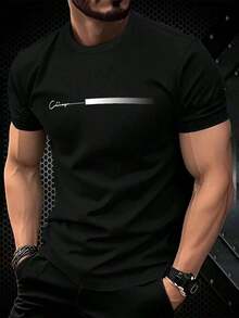 NEOREFINED Camiseta negra casual y minimalista para hombres con estampado de la letra Chicago - Negro - Ver 1