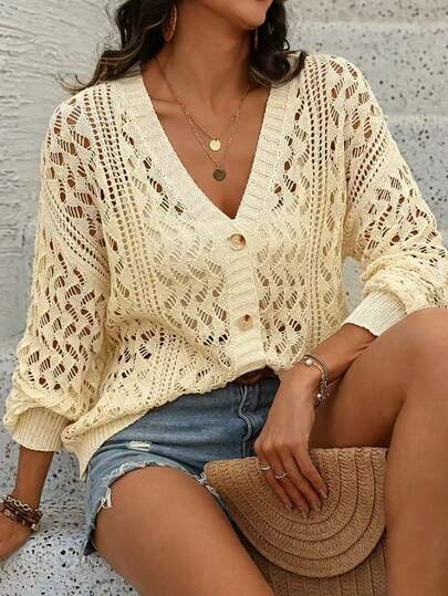 Women's Lightweight Yellow V-Neck Cardigan, Fashionable Button Front Hollow Knit Sweater, Suitable For Spring/Summer, Casual, Beach