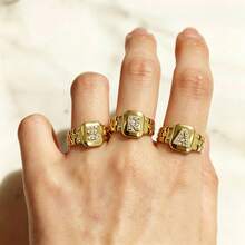 1 pieza Anillo abierto dorado, Anillo de correa de reloj de lujo, Anillo con letra 26 de strass, Adecuado para decoración diaria, Combinación de atuendos, Citas, Decoración de fiestas - Amarillo Oro - Ver 2