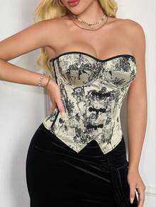 Body tipo bustier estilo bandeau con estampado de tinta para mujer, con varillas, estilo corte y control de abdomen moldeador - Albaricoque - Ver 10