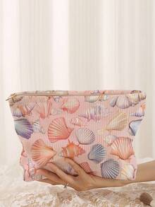 1pc Portable Cosmetic Bag With Starfish & Seashell Ocean Elements Double-Sided Print, Zipper Travel Makeup Pouch, Multifunctional Toiletry Storage Bag - Multicolor - View 4