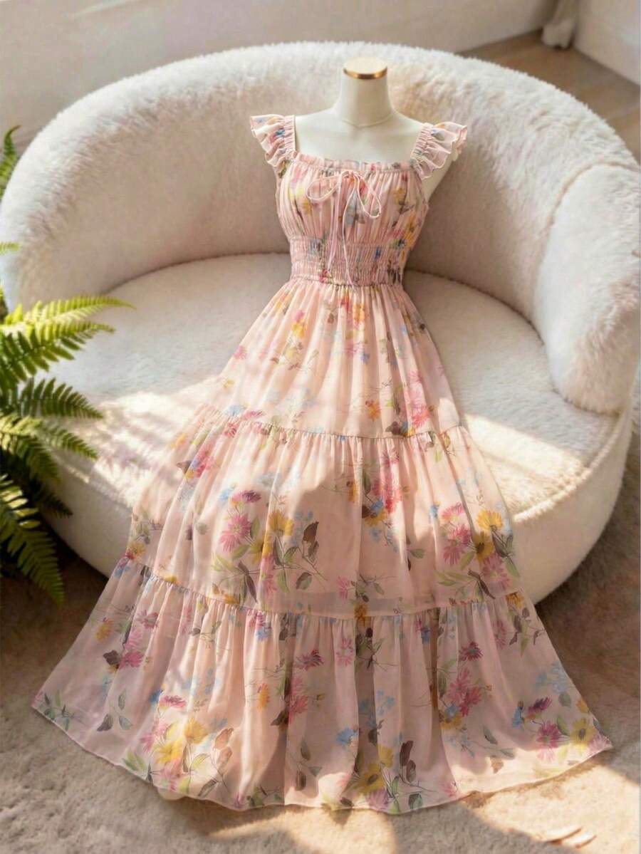 Qadelle Vestido de gasa con estampado floral diminuto, de línea A, con cuello de volantes, tirantes finos, cintura recogida y bajo con vuelo, elegante, cómodo y romántico para mujer - Rosa - Ver 1