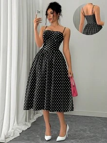 xheRafferiza Vestido rosa con tirantes de espagueti, cintura y bajo acampanado, versátil y de moda para fiestas y cócteles, para mujer, otoño/inviernoxhe - Blanco y Negro - Ver 1