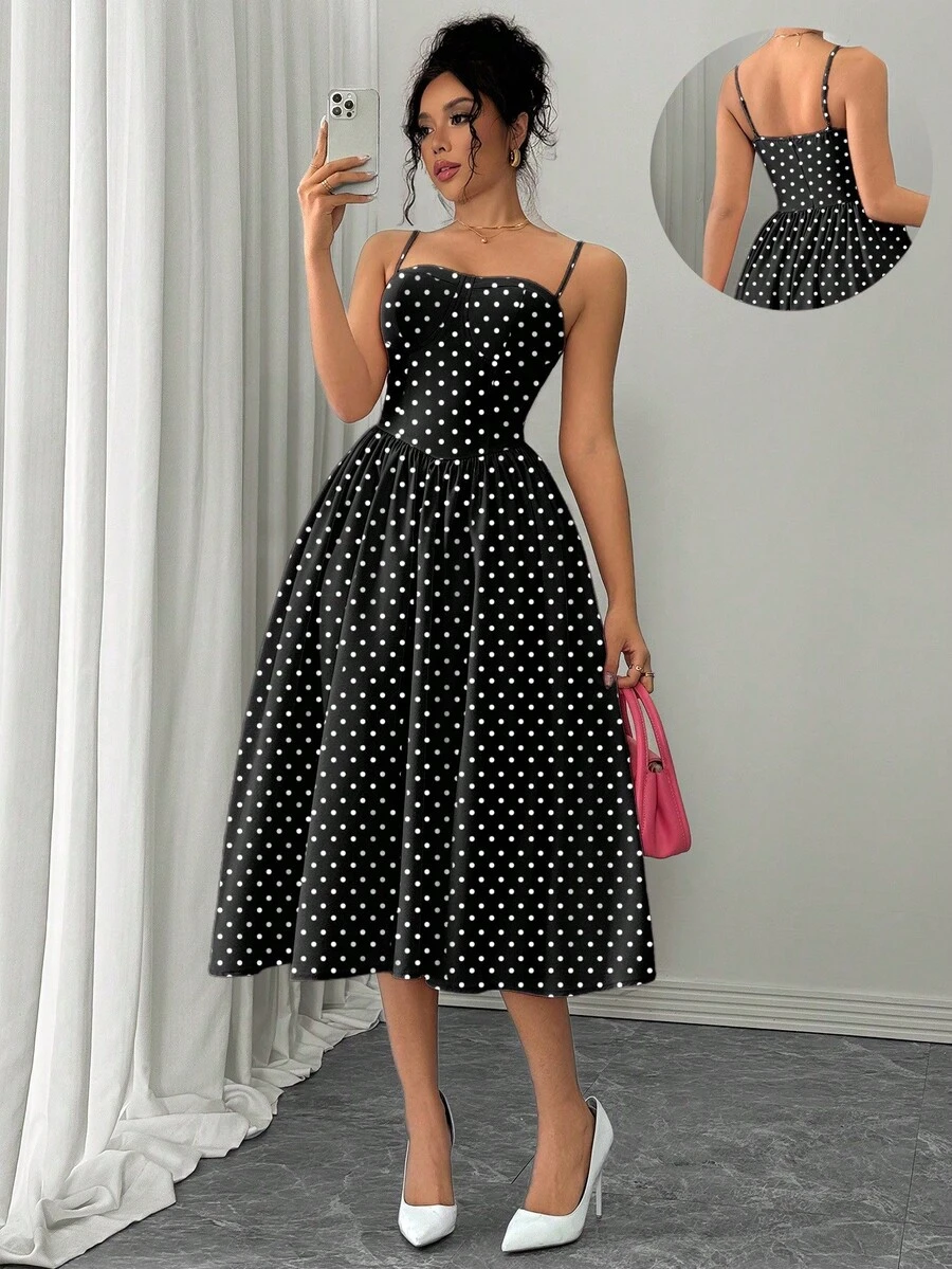 xheRafferiza Vestido rosa con tirantes de espagueti, cintura y bajo acampanado, versátil y de moda para fiestas y cócteles, para mujer, otoño/inviernoxhe - Blanco y Negro - Ver 1
