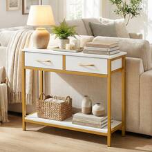 Small Entryway Table Modern Sofa Table With 2 Fabric Drawers & Open Compartment Metal Frame For Entrance Hallway & Living Room - White - View 8