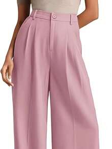Ladies' High Waist Wide Leg Pants Set - Solid Color Office Jacket With Pants, Tailored Professional Set, Suitable For Meetings And Casual Occasions - 粉紅色 - 查看 4