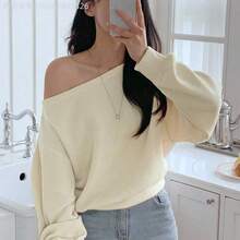 Yunuo Menswear  Camiseta de manga larga con hombros asimétricos, ajuste holgado y unicolor, top casual y lindo para mujer - Negro - Ver 2