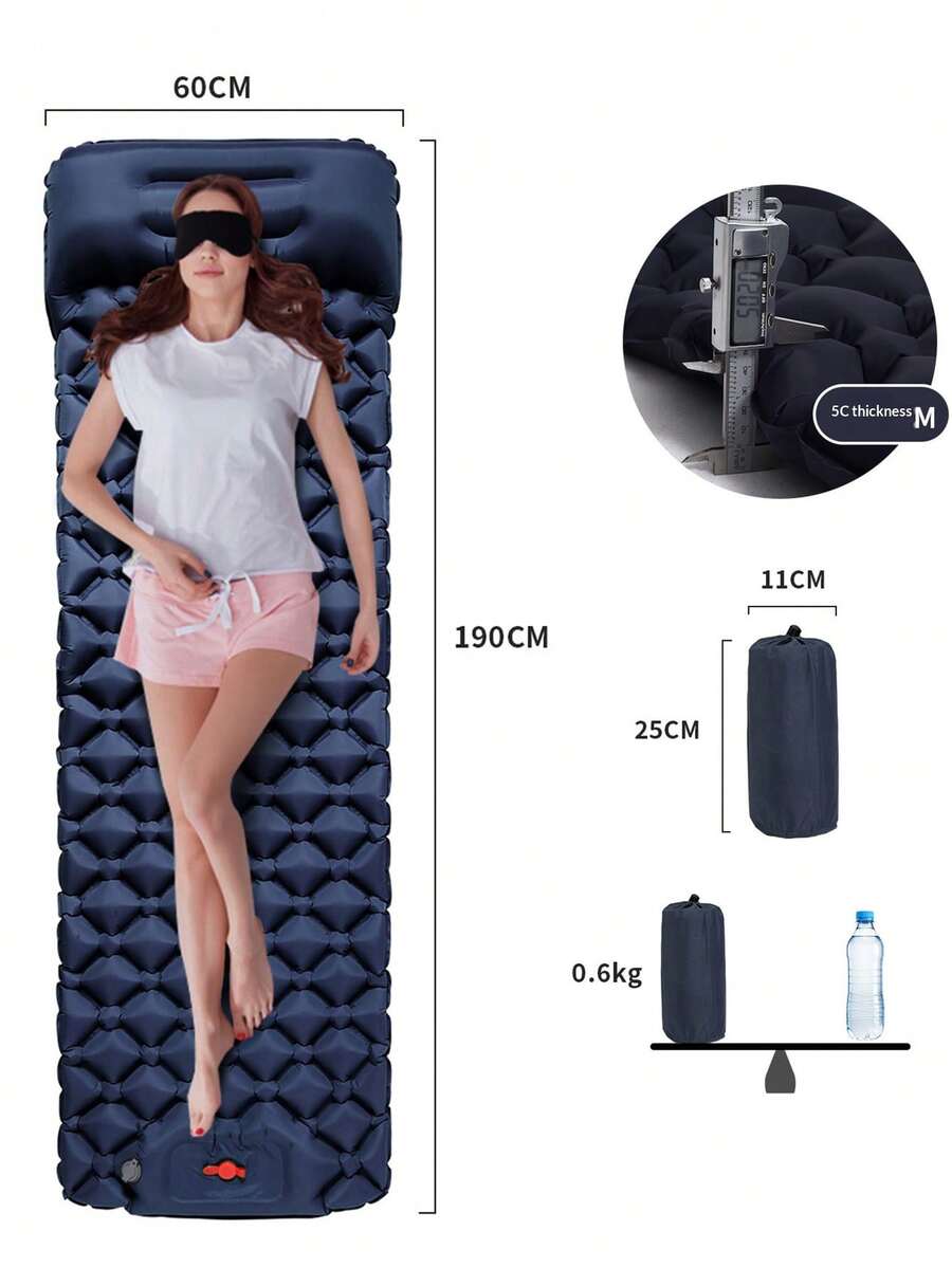 TPU New Diamond Pattern Inflatable Pad With Pillow, Hand-Press/Foot-Pump Inflatable Air Bed, Ultra-Lightweight Portable Foldable Picnic Mat, Beach Mat, Outdoor Tent Camping Inflatable Bed, Camping Moisture-Proof Ground Mat, Nap Sleeping Inflatable Pillow, Outdoor Ultra-Lightweight Camping/Wilderness Inflatable Sleeping Pad, Beach Mat Moisture-Proof Picnic Mat - Navy Blue - View 1