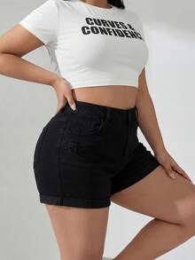 Plus Size High Stretch Black Denim Shorts With Distressed Details, Buttons, Zipper And Pockets Casual Summer - Black - View 9