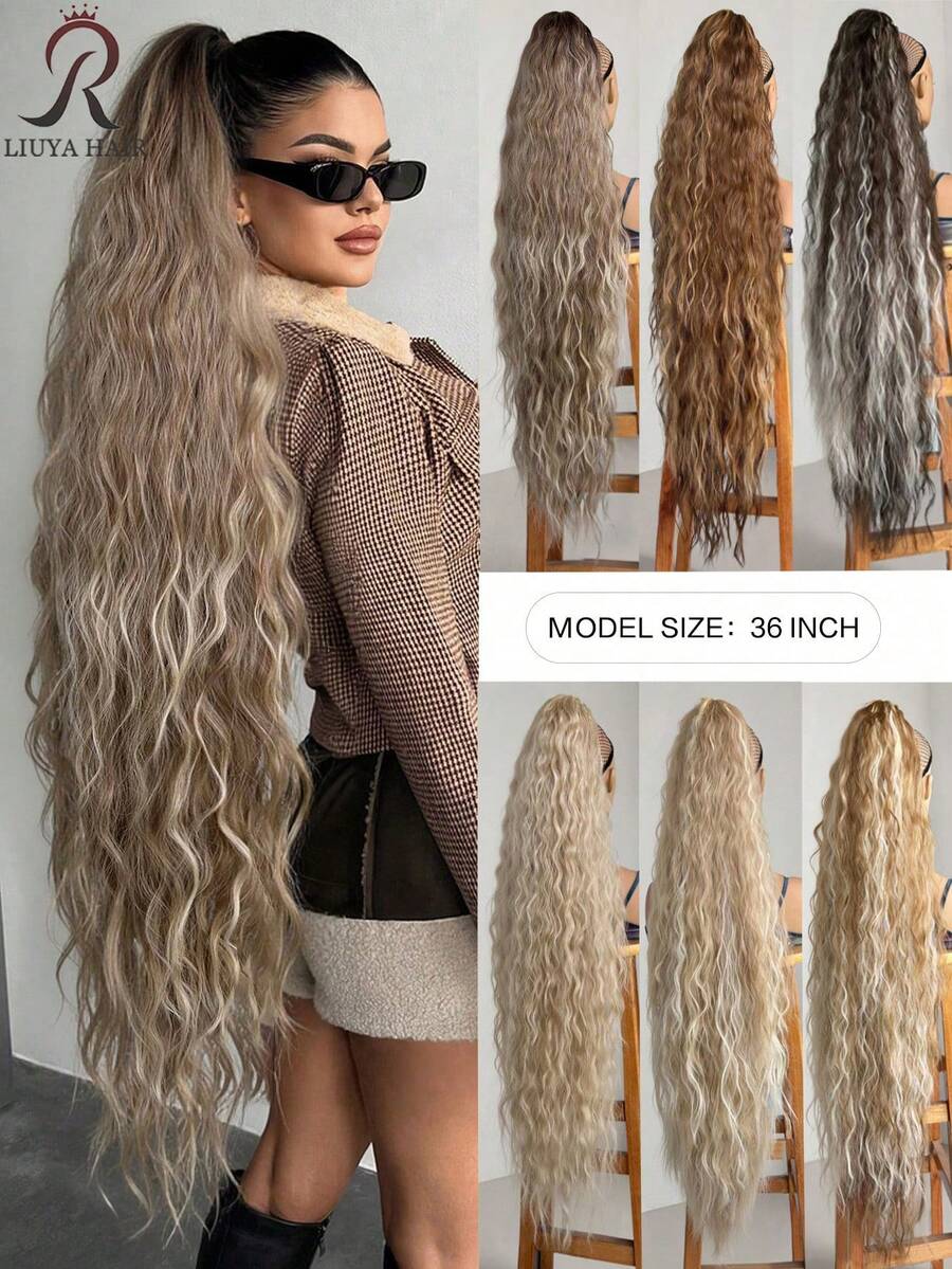 European And American Gradient Color Long Wavy Hair Wig With Water Ripple Effect | High-Temperature Fiber 36-Inch Slouchy Curly Hair Bun Wig, Daily Short Wave Synthetic Ponytail Wig