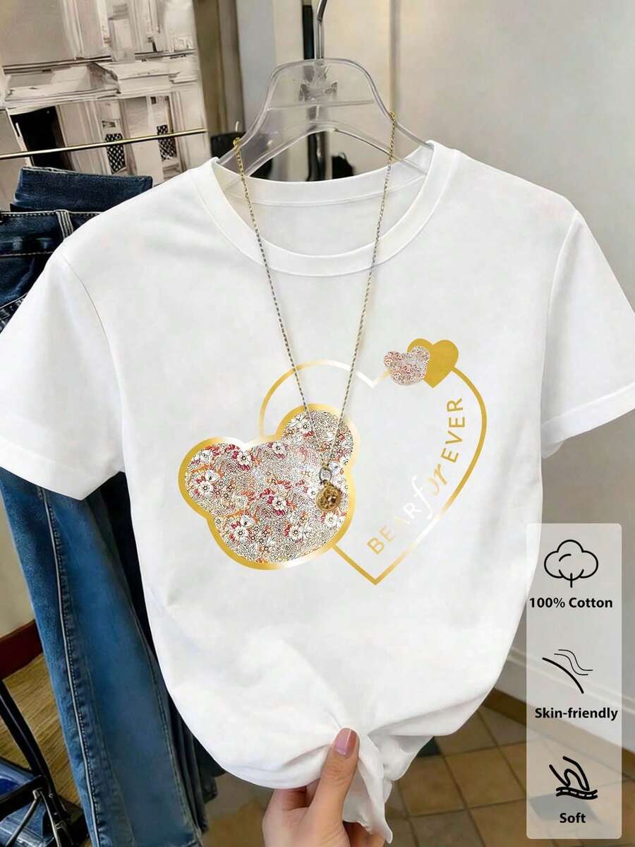 NewSummerCasualWomen's Casual Short Sleeve Crew Neck Cotton T-Shirt With Dandelion And Butterfly Print - Vintage Street Style Unisex Loose Cotton Short Sleeve Crew Neck - 白色 2 - 查看 1
