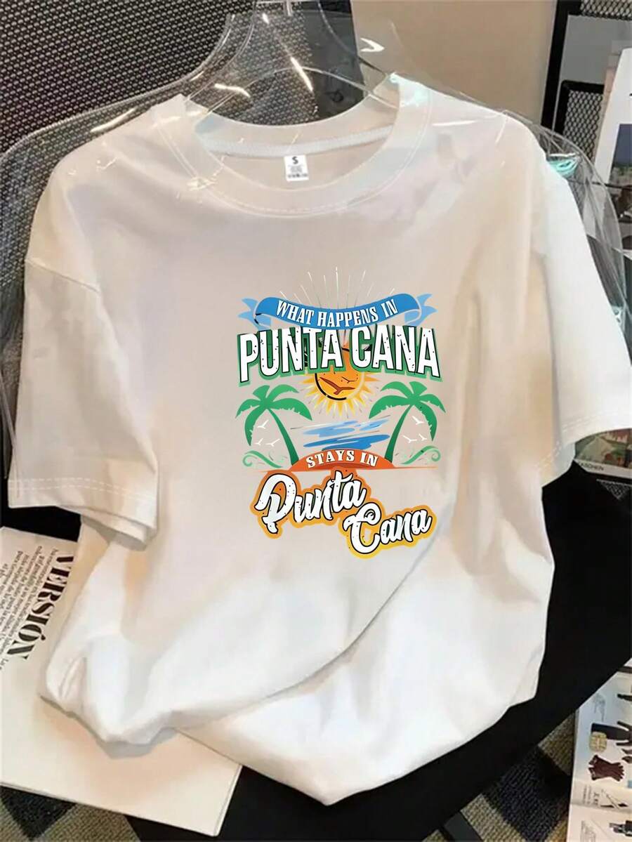 Top de mujer de manga corta y cuello redondo con estampado de Punta Cana, apto para todas las estaciones. - Blanco - Ver 1