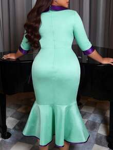 Plus Size Women's Satin Colorblock Mermaid Dress, Collared, 3/4 Sleeve, Ruffle Waist, Slim Fit, Wedding Guest, Church Event, Elegant Party Dress - Mint Green - View 4