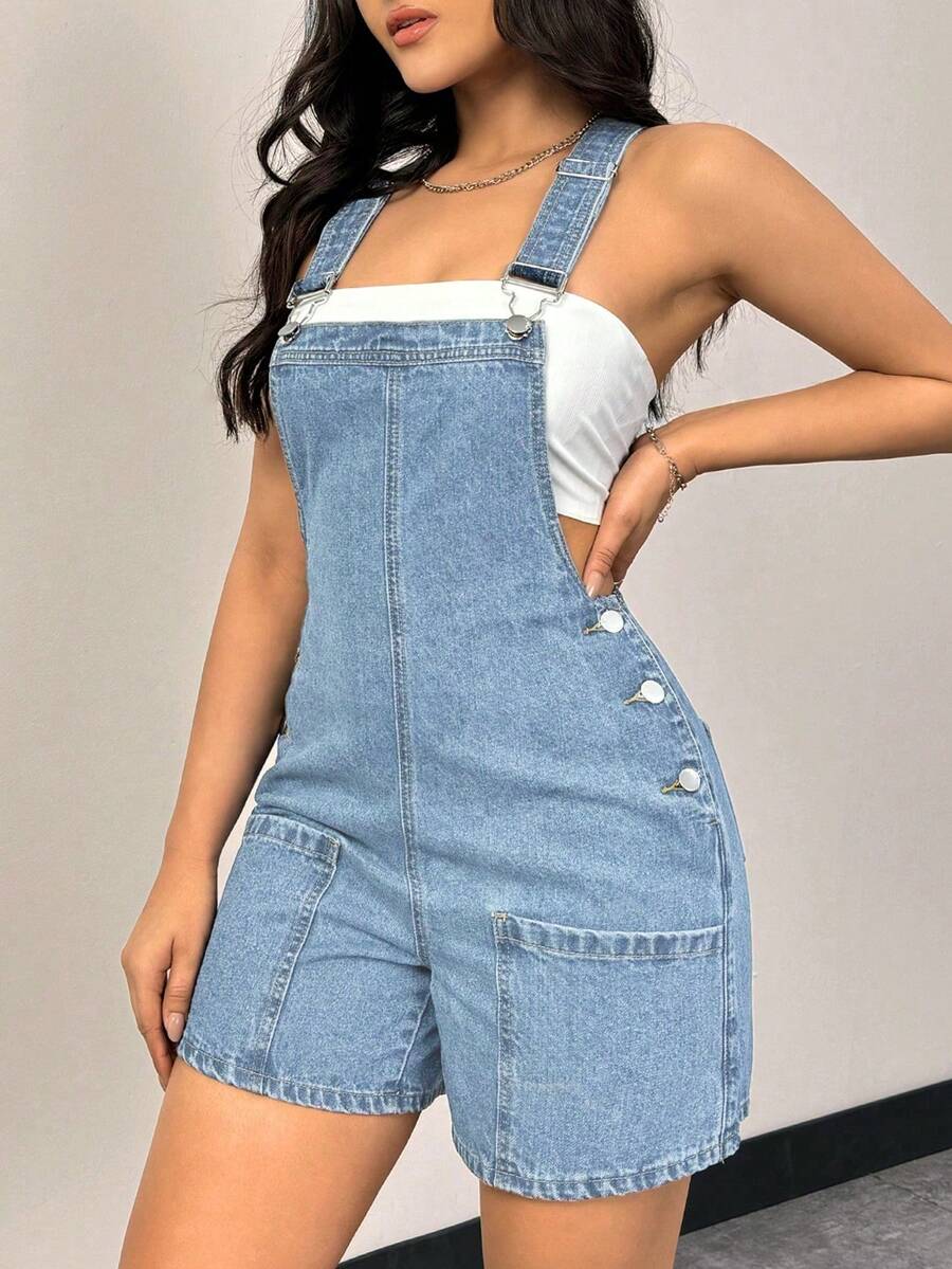 Mono vaquero de verano casual y de uso diario con bolsillos y diseño de patchwork para mujer - Azul - Ver 1