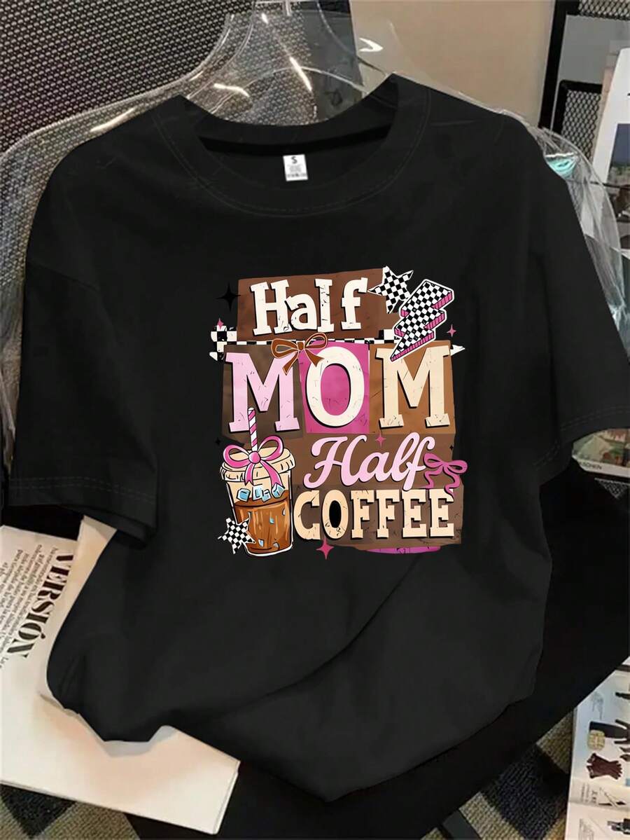 Esta blusa de manga corta y cuello redondo para mujer, con estampado de café, es un básico imprescindible para las mamás. El estampado de café y cuadros es ideal para cualquier estación del año. - Negro - Ver 1
