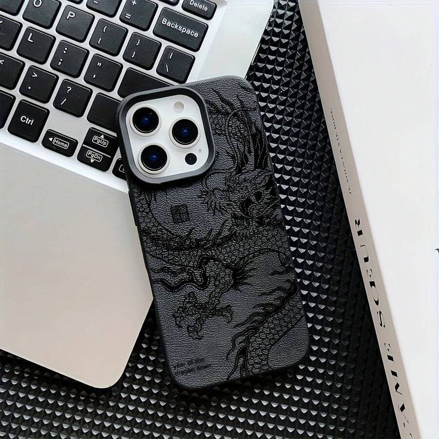 1件黑色皮革紋理極簡水墨龍圖案手機殼,適用於 iPhone 16 Pro Max, 17/16/15/14 Plus, 13/12/11, Air - 彩色 - 查看 1