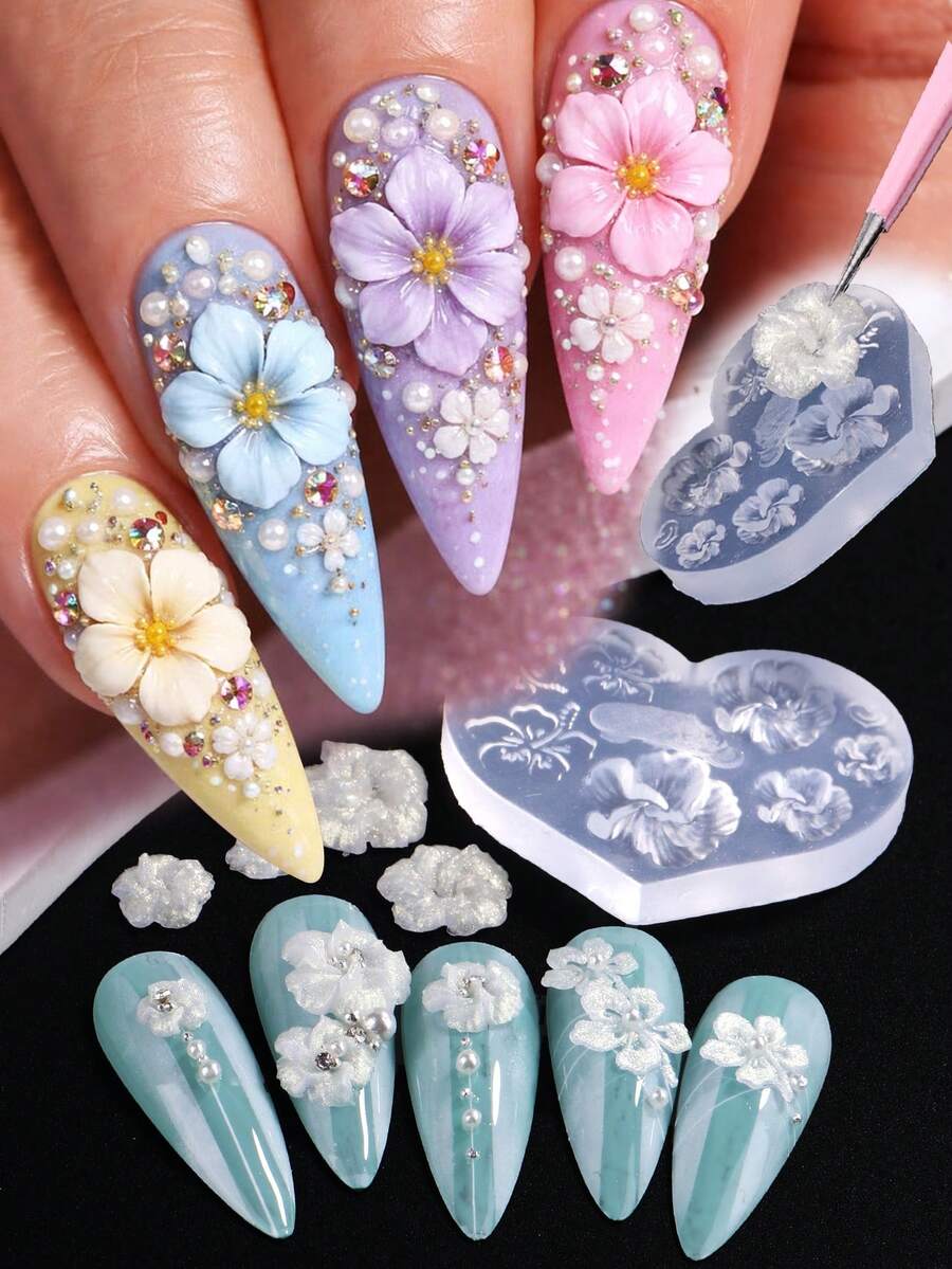 1個 3D花卉美甲雕刻矽膠模具，春夏扶桑花，五瓣花卉圖案美甲矽膠模具，可重複使用美甲凝膠印花模板，DIY美甲沙龍產品，美甲工具 - 無色 - 查看 1