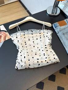 Women's Sheer Mesh Flocked Polka Dot Ruffle Camisole, Sexy Camisole, Charming Camisole, Elegant Fashion Women's Camisole Casual Summer - Apricot - View 5