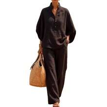 2026 Spring/Summer Casual Buttoned Shirt And Wide-Leg Pants Linen Two-Piece Set Women's Linen Two-Piece Set - Apricot - View 6