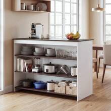 Kitchen Island With Storage, Kitchen Cabinet Island With Breakfast Bar, 3 Open Storage Shelves & Footrest, Multifunctional Sideboard For Kitchen, Dining & Living Room - Blanco - Ver 9