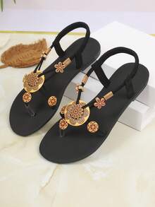 Flat Toe-Post Sandals Bohemian PU Leather Beaded Party Summer - Black - View 4