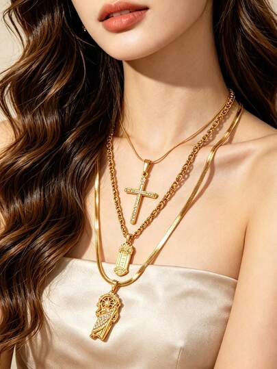 3pcs Fashionable Elegant Stainless Steel Cross 3D Carved Virgin Mary Zirconia Women Pendant Necklace Set, Suitable For Daily Wear And Holiday Personalized Accessories