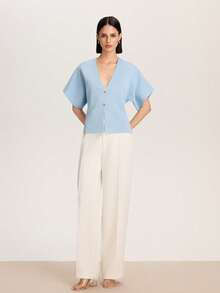 Cárdigan casual de mujer de unicolor con botones, adecuado para verano y otoño - Celeste - Ver 6