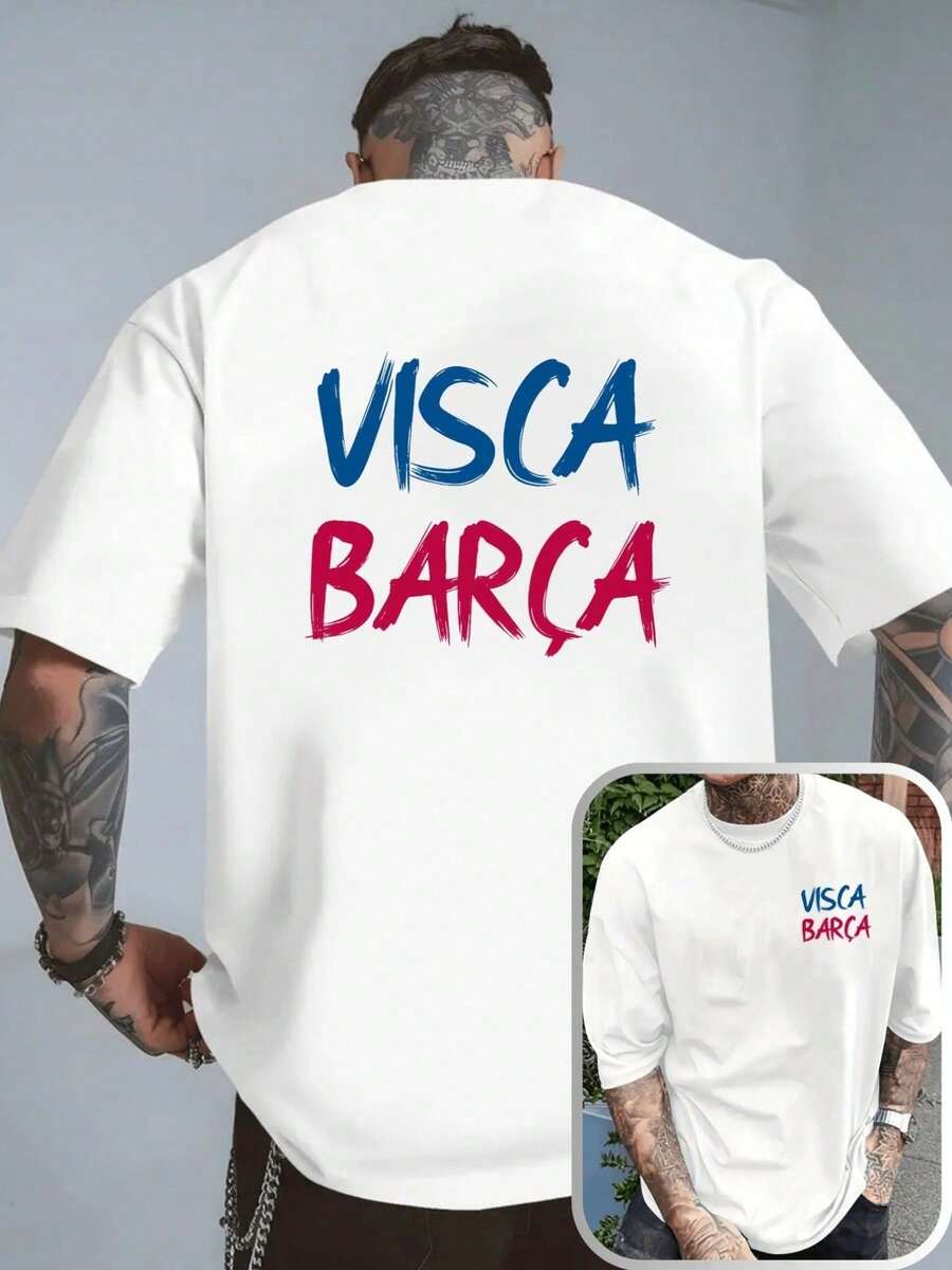 Vintage Herren Barcelona Fan Doppelseitiger Print T-Shirt, Kurzarm Top - 白色 - 查看 1