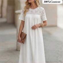 Vestido midi de mujer con cuello redondo y mangas cortas con encaje en contraste - Blanco - Ver 2