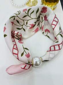 1pc Spring/Summer Minimalist Ditsy Floral Thin Pearl Magnetic Buckle Triangle Scarf Women's Slouchy Necklace Scarf Multifunctional Small Silk Scarf - Multicolor - View 4