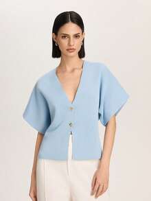 Cárdigan casual de mujer de unicolor con botones, adecuado para verano y otoño - Celeste - Ver 7